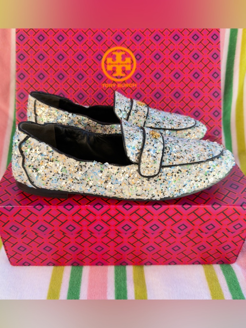 Tory Burch Ballet Mirror Sequin Navy Leather Trim Loafers US 8.5 Box NEW - Picture 6 of 14